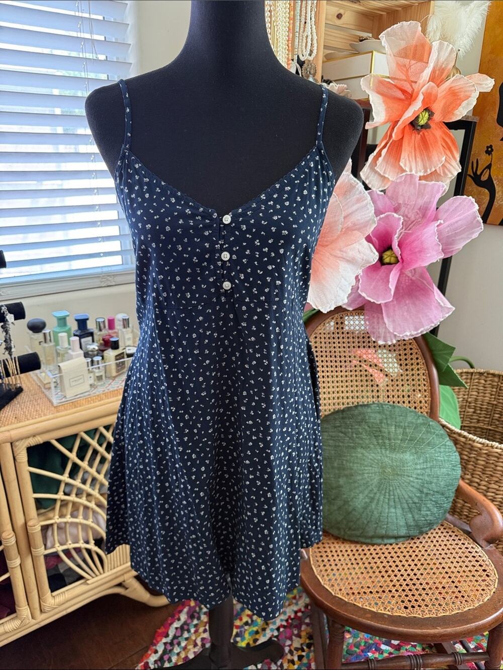 Brandy Melville Colleen Navy Baby Floral Boho Coastal Preppy Mini Slip Dress